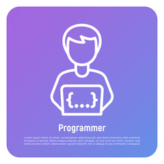 Wall Mural - programmer thin line icon. coding on laptop. freelancer, work at home. vector illustration.