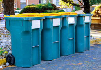 Wall Mural - Recycling bins at a separate recycling garbage trash for waste segregation near the entrance to the house.