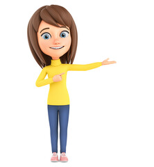 Wall Mural - Cartoon character cheerful girl in winter clothes shows empty hands on isolated white background. 3d render illustration.