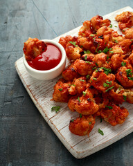 Vegan cauliflower buffalo wings on white wooden board