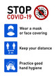 © Kagan Kaya - Stop Covid-19 Coronavirus Rules Set including Wear a Mask or Face Covering, Keep Your Distance 2 m or 2 Metres and Practice Good Hand Hygiene. Vector Image.