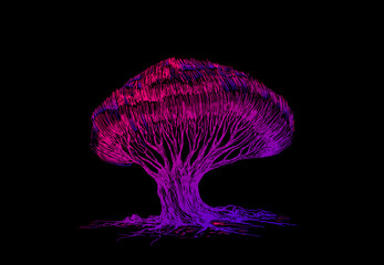 Bright surreal psychedelic tree, colorful pink purple color gradient, isolated on black background.