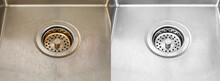 Compare Image Before- After Cleaning With Special Detergent Of The Dirty Stainless Sink In A Cafe That Been Using A Long Time With Coffee Wasted. Brown Color From The Coffee Stain On A Stainless Sink.