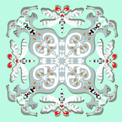  Gray floral pattern with dragonflies on the light blue background.