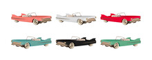 Set Of Retro Car Convertible Realistic. Luxury Vintage 3d Car Red And White, Black And Blue, Brown Pink Color. Object Isolated On White Background. Period From 40s To 80s Years. Vector Illustration