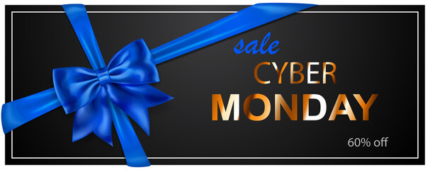 Wall Mural - Cyber Monday sale banner with blie bow and ribbons on black background. Vector illustration for posters, flyers or cards.