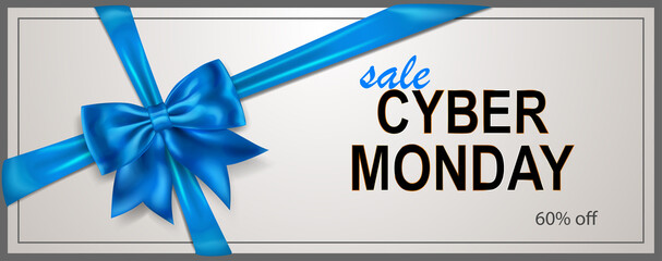 Wall Mural - Cyber Monday sale banner with blie bow and ribbons on white background. Vector illustration for posters, flyers or cards.