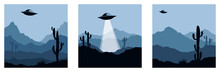 Abstract Landscape With UFO / Set Vector Illustrations, Backgrounds, Triptych, Flying Saucer Over Mexico