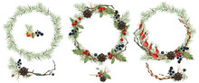 Christmas Wreath Watercolor Illustrations Set. Winter Holidays Decoration For Design Isolate On White