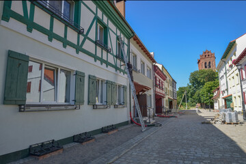 Restoration of the historic German street in the city of Zheleznodorozhny (before 1946 Gerdauen) Kaliningrad region, Russia-August 13, 2020