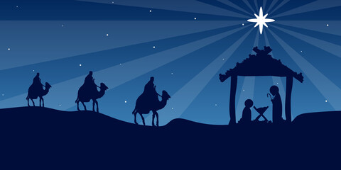 Wall Mural - Wise men Mary and Joseph in Bethlehem, vector art illustration.