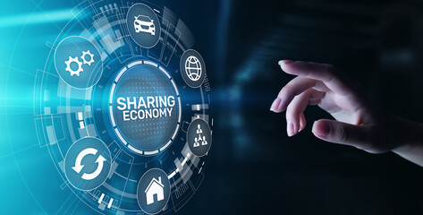 Sharing economy, innovation and future business technology concept on virtual screen.