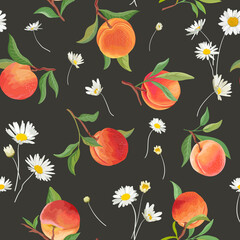 Wall Mural - Peach pattern with daisy, tropic fruits, leaves, flowers background. seamless texture illustration in watercolor style