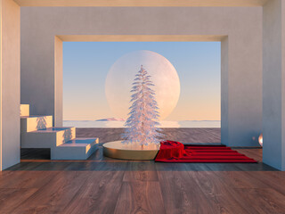 Fototapete - Abstract Winter Christmas scene with geometrical forms in natural day light. minimal 3d landscape background. 