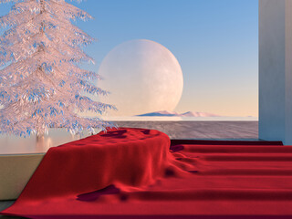 Fototapete - Abstract Winter Christmas scene with geometrical forms in natural day light. minimal 3d landscape background. 