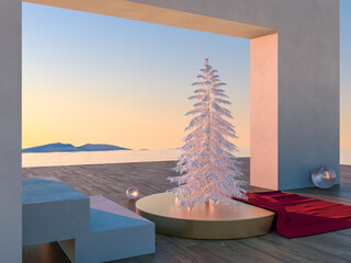 Fototapete - Abstract Winter Christmas scene with geometrical forms in natural day light. minimal 3d landscape background. 