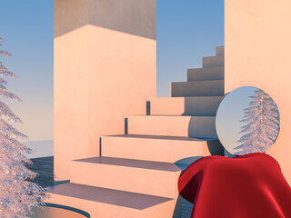 Fototapete - Abstract Winter Christmas scene with geometrical forms in natural day light. minimal 3d landscape background. 