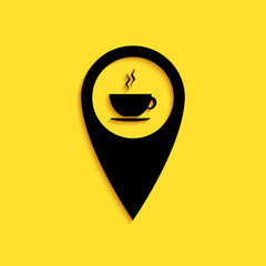 Wall Mural - Black Map pointer with hot coffee cup icon isolated on yellow background. Long shadow style. Vector.