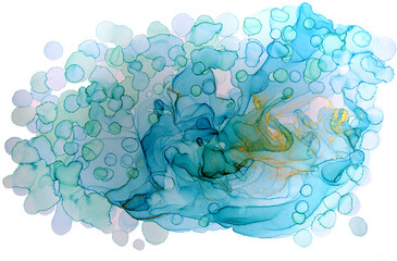 Transparent blue handdrawn watercolor drops on white background. Bubbles imitation.