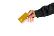 © Creative Cat Studio - Close up of woman hand holding gold credit or debit card. Credit card hand isolated on white background.