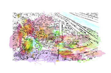 Building view with landmark of Cagayan de Oro, is a 1st class highly urbanized city in Northern philippines. Watercolor splash with hand drawn sketch illustration in vector.