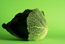 Savoy Cabbage, Tundra Cultivar. Beautiful Outer Greenish-yellow, Emerald And Green Leaves Are Forming Strange Shape In A Game Of Light And Shadows.