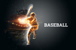 Silhouette, the image of a baseball player with a bat on the background of the stadium. Online sports concept, betting, American game. 3D illustration, 3D render.