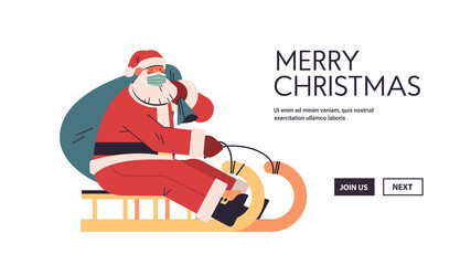 Wall Mural - santa in protective mask riding sledge happy new year and merry christmas banner holidays celebration concept horizontal copy space vector illustration