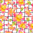 Seamless background with watercolor tropical flowers. Beautiful plants on black and white geometric pattern.