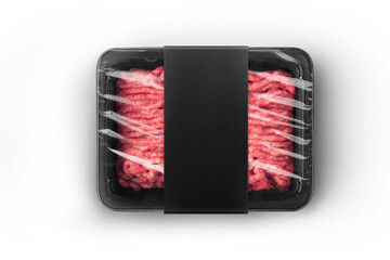 Black sealable plastic tray with black paper label filled with fresh raw minced meat top-view. Packaging template mockup collection. With clipping Path included.