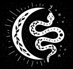 Wall Mural - mystic abstract snake in boho style on black background. sacred serpent with moon branches and stars