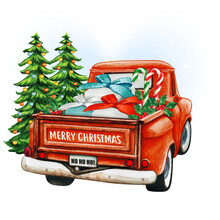 Watercolor Red Christmas Vintage Truck With Trees And Gifts