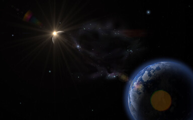 Wall Mural - Sunrise over the moon against the background of the earth, star rise, earth in space, 3d rendering