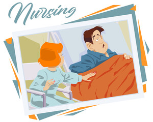 Woman caretaker next to sick man. Illustration for internet and mobile website.