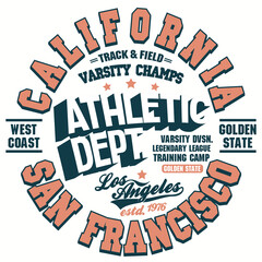 T-shirt print, Shirt graphic design. California athletic wear stamp. Vector