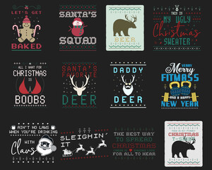 funny christmas graphic prints set, t shirt designs for ugly sweater xmas party. holiday decor with 
