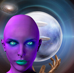 Wall Mural - The face of female alien and praying hands. Flying saucers in deep space on a background. 3D rendering