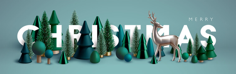 christmas banner. xmas horizontal composition made of green wooden and glass christmas trees and sil