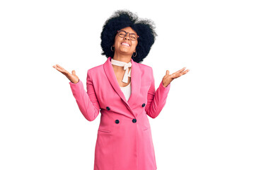 Sticker - Young african american girl wearing business clothes and glasses celebrating mad and crazy for success with arms raised and closed eyes screaming excited. winner concept