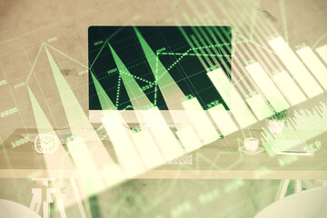 Multi exposure of financial graph drawing and office interior background. Concept of market analysis.