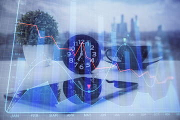 Double exposure of forex graph drawing and cell phone background. Concept of financial data analysis