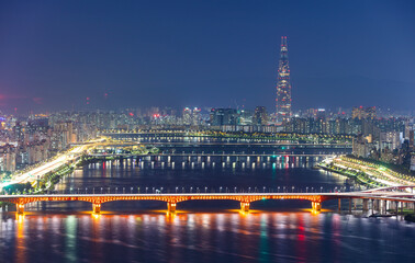 Wall Mural - Seoul City at night and han river South Korea.