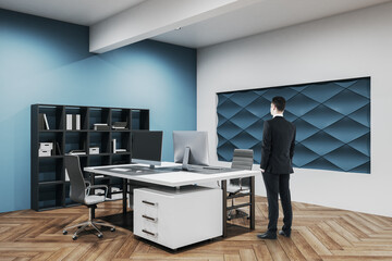 Poster - Businessman standing in office room with computer