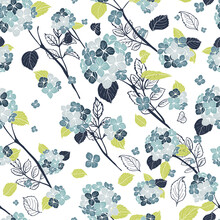 Seamless Pattern Hand Drawn Blue Round Bouquet Hydrangea Flowers, Stems Leaves Design