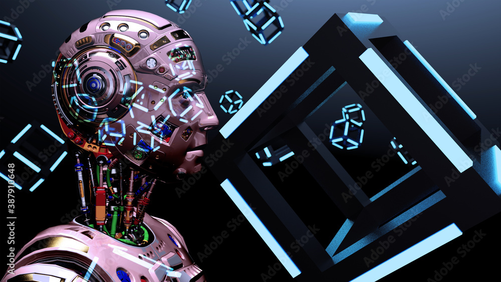 Multi Exposure of AI Robot and Blue illuminated Hot Iron Cube ...