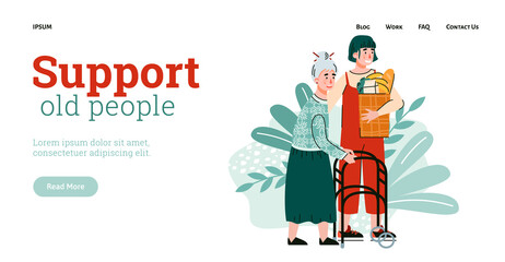 Wall Mural - Old people support web page interface with volunteer and elderly woman cartoon character, flat vector illustration. Web page for seniors supporting services.