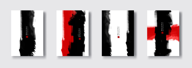 vector black and red ink brush stroke set