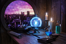 Alchemist  Concept. Crystal Mystic Ball, Spell Book,  Magic Ring, Magic Potions Bottles, Burning Candle And Other Various Witchcraft Accessories On The Wizard Table Background.