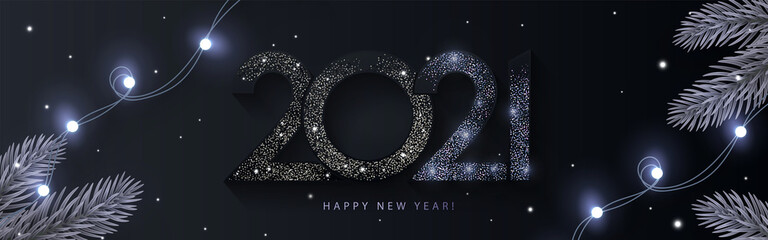 Happy New Year 2021 sparkling design of numbers on dark night sky background with frame made of beautiful fir branches, garlands and shining snow. Horizontal poster, greeting card, header for website