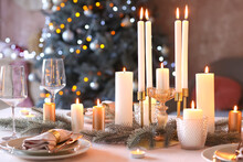 Beautiful Table Setting With Christmas Decorations In Living Room